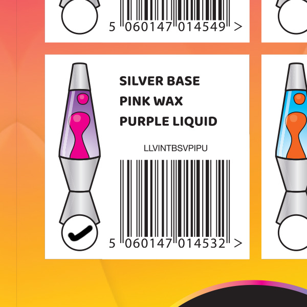 Individually marked to idenitfy the lava lamp design inside
